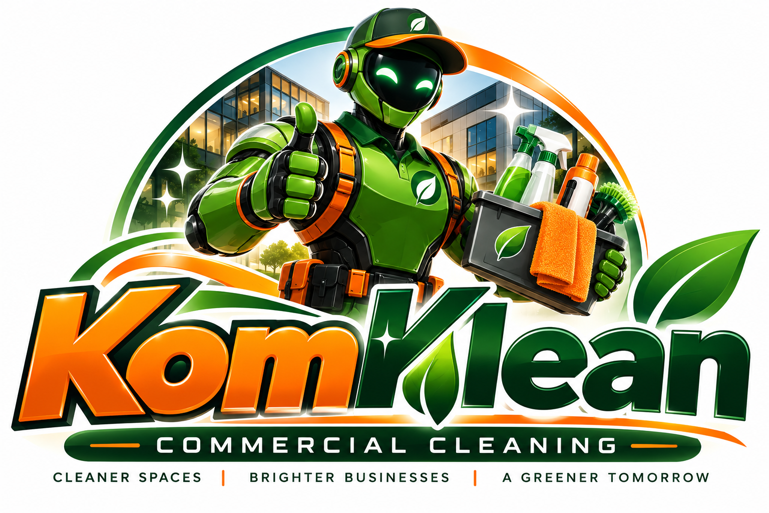 KomKlean green and orange robot cleaning mascot and company logo